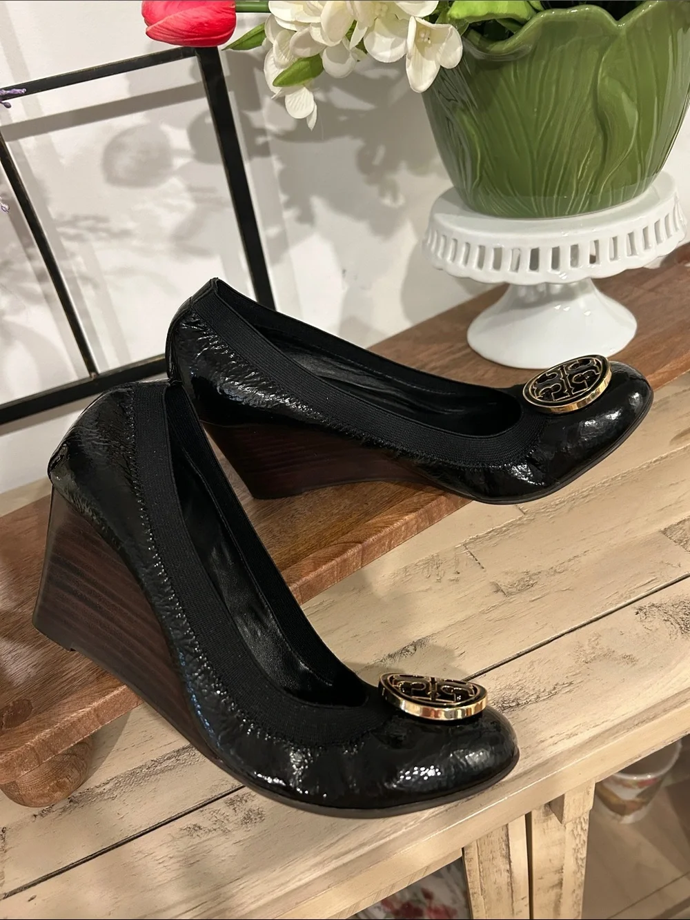 Tory Burch Black Patent Wedge Flats with Gold Logo Medallion
